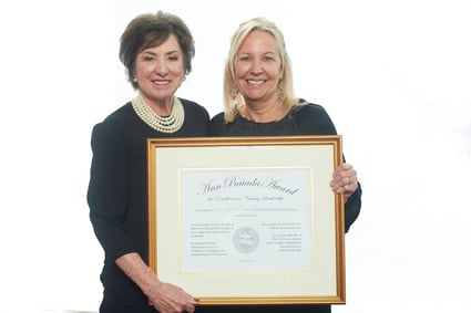 2023 Ann Baiada Excellence in Nursing Leadership award winner Carolyn Fontana stands with Ann Baiada holding her certificate